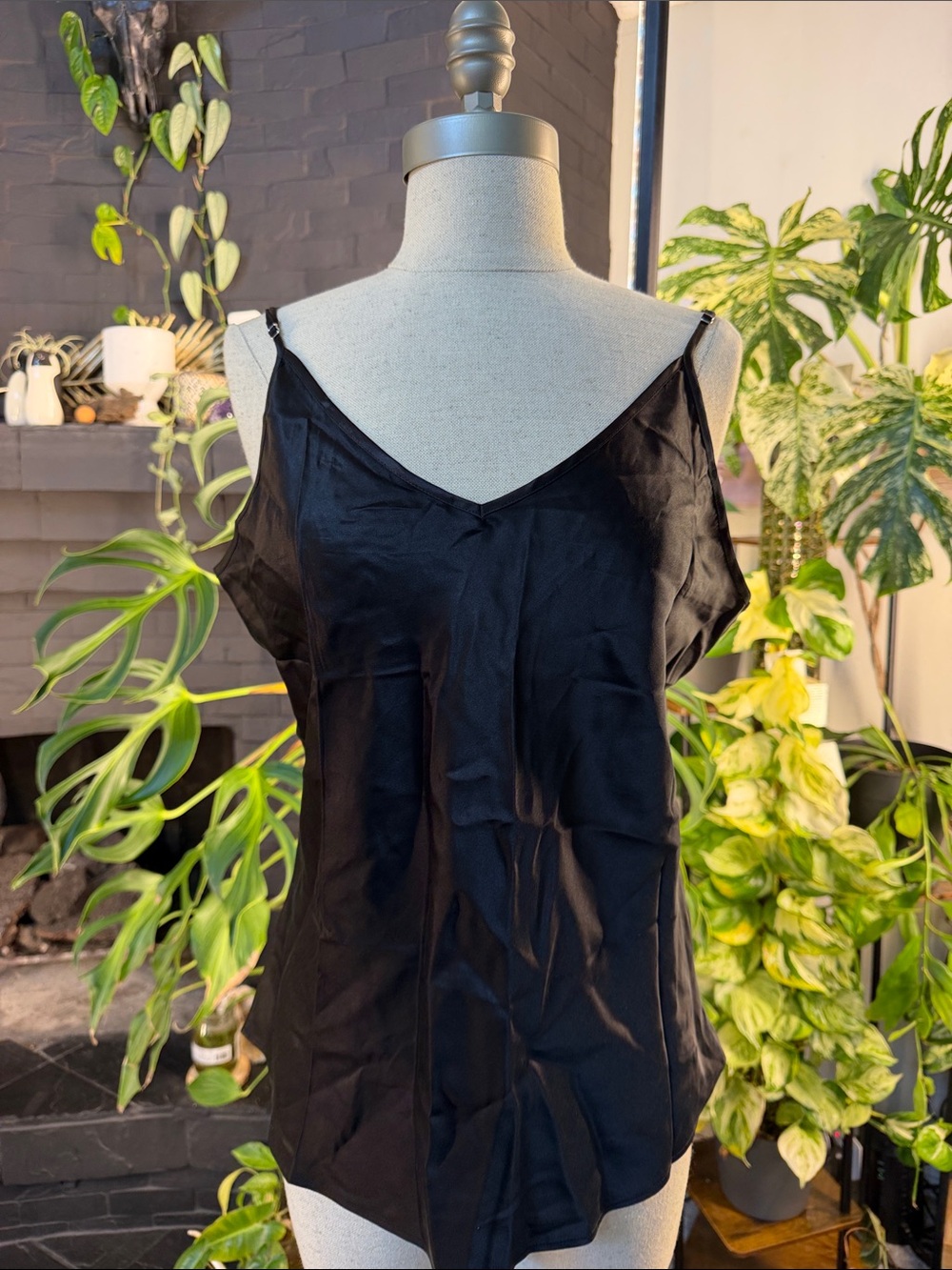 Women's Black Satin V-Neck Camisole with Adjustable Straps